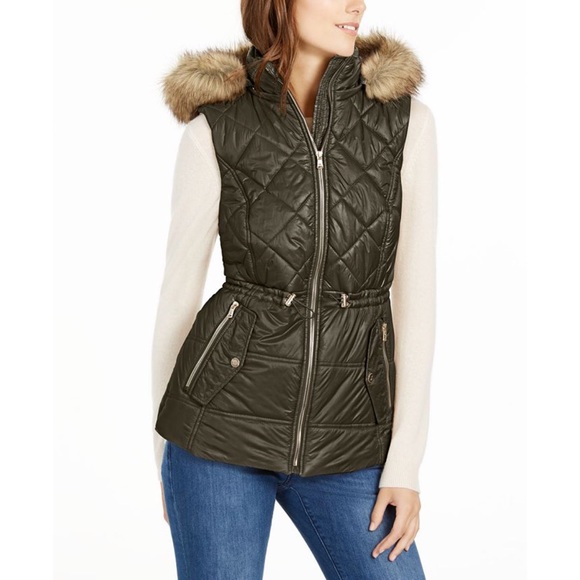 Michael Kors Olive Green Hooded Faux Fur Trim Puffer Vest XL NWT